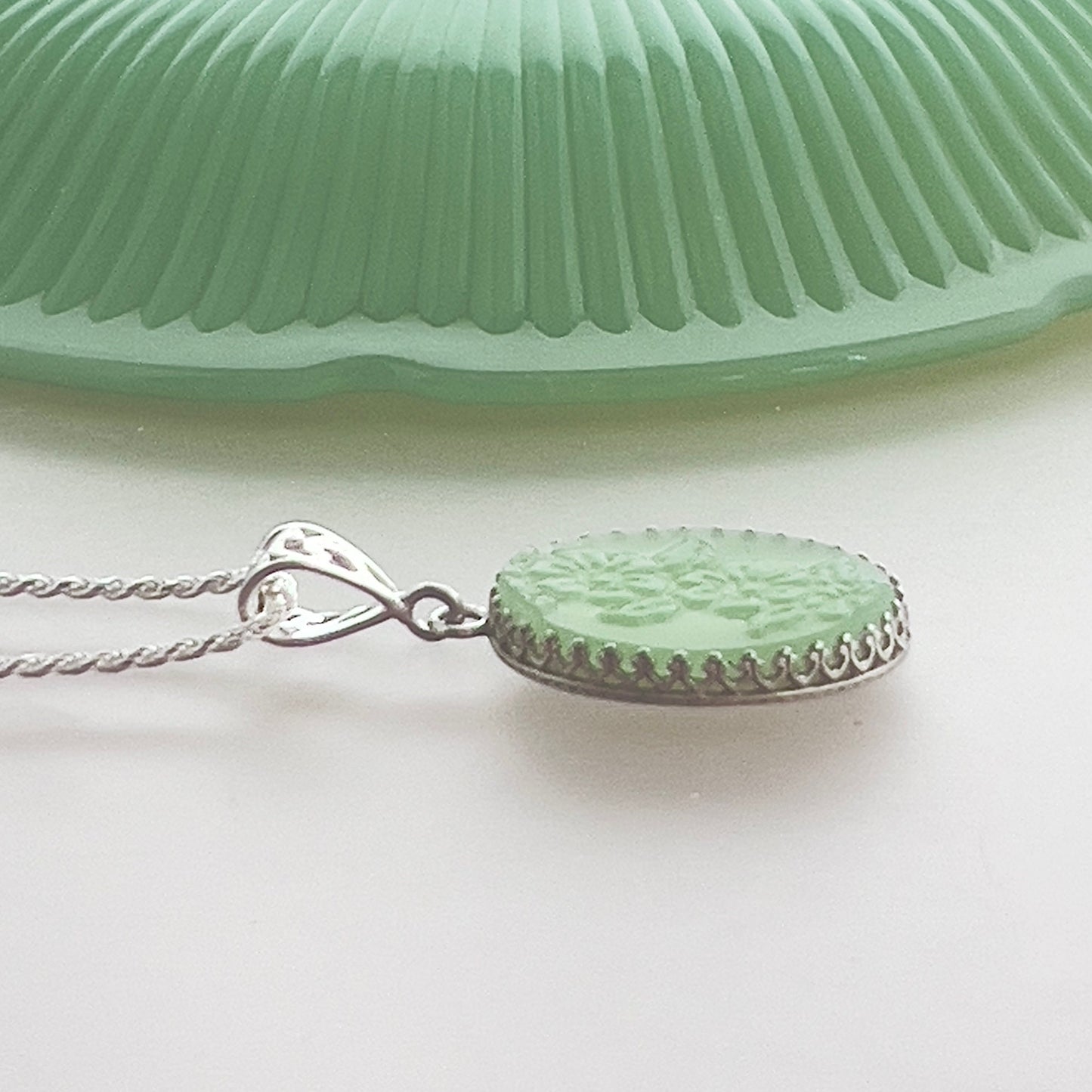 Oval Fire King Alice Jadeite Jewelry Necklace, Sterling Silver, Unique Gift for Women, Broken China Jewelry, Mid Century, Gifts for Her