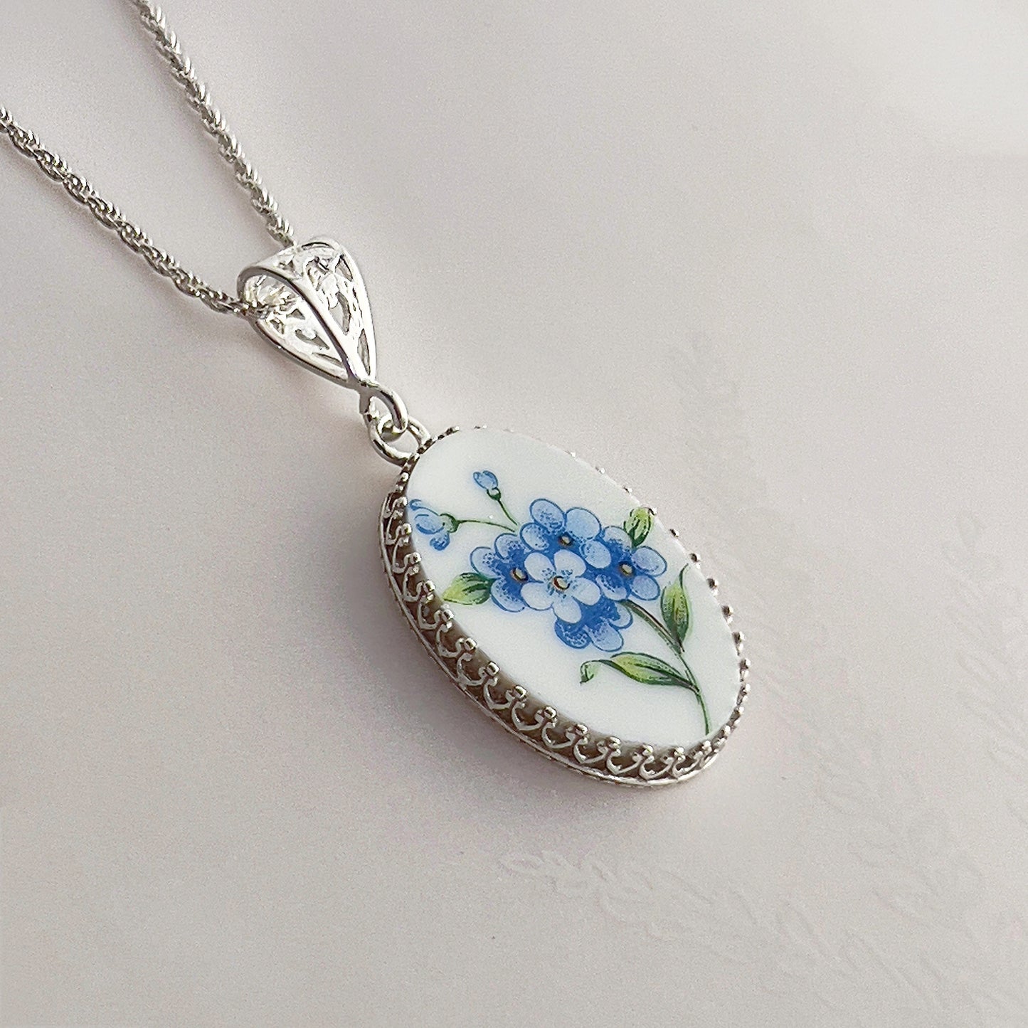 Forget Me Not Flower Necklace, Vintage Porcelain, Traditional 18th Wedding Anniversary Gift for Wife, Unique and Repurposed Plate Jewelry