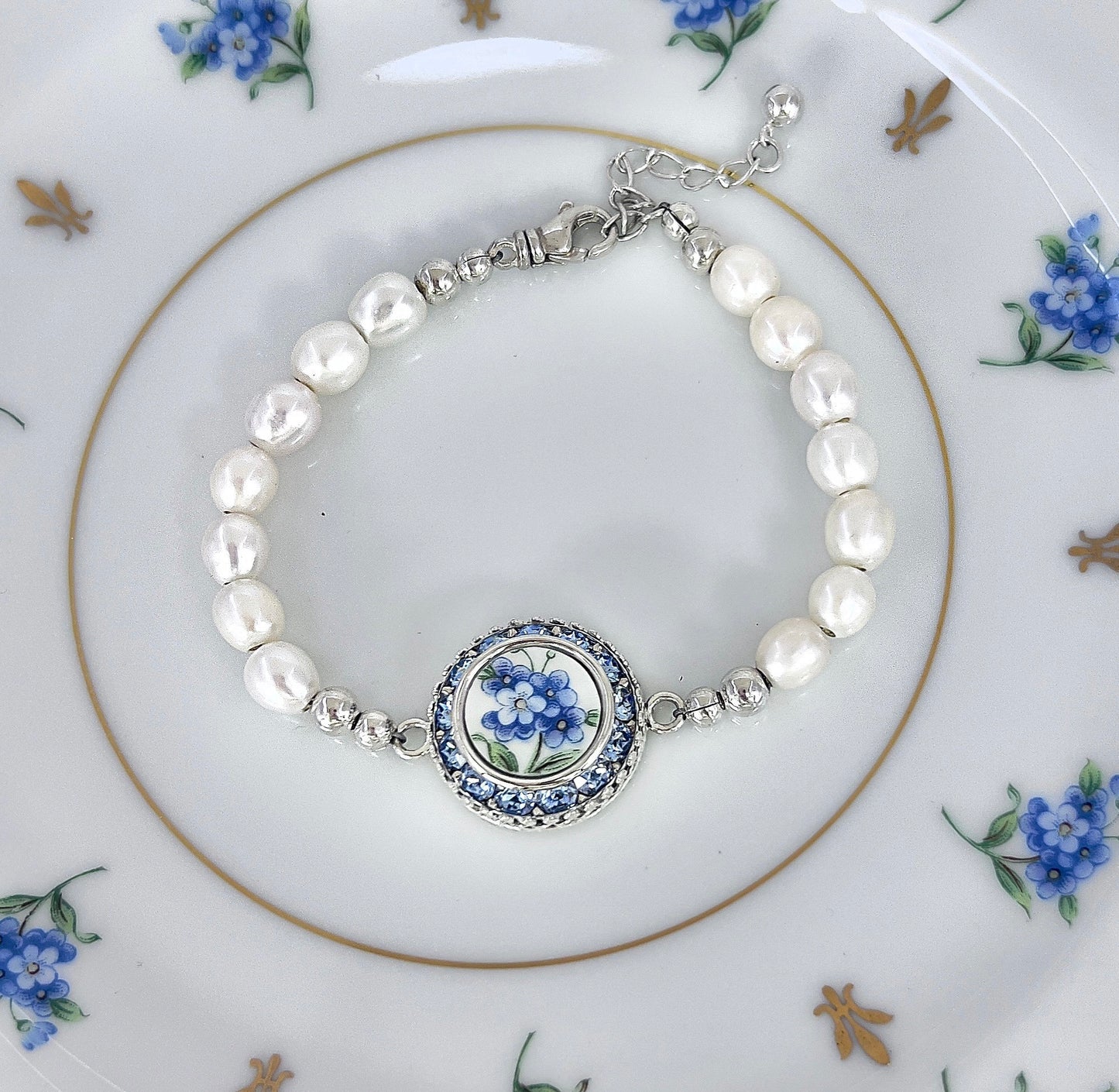 Forget Me Not Freshwater Pearl and Crystal Bracelet, Vintage Broken China Jewelry, Unique 18th or 20th Wedding Anniversary Gifts for Wife