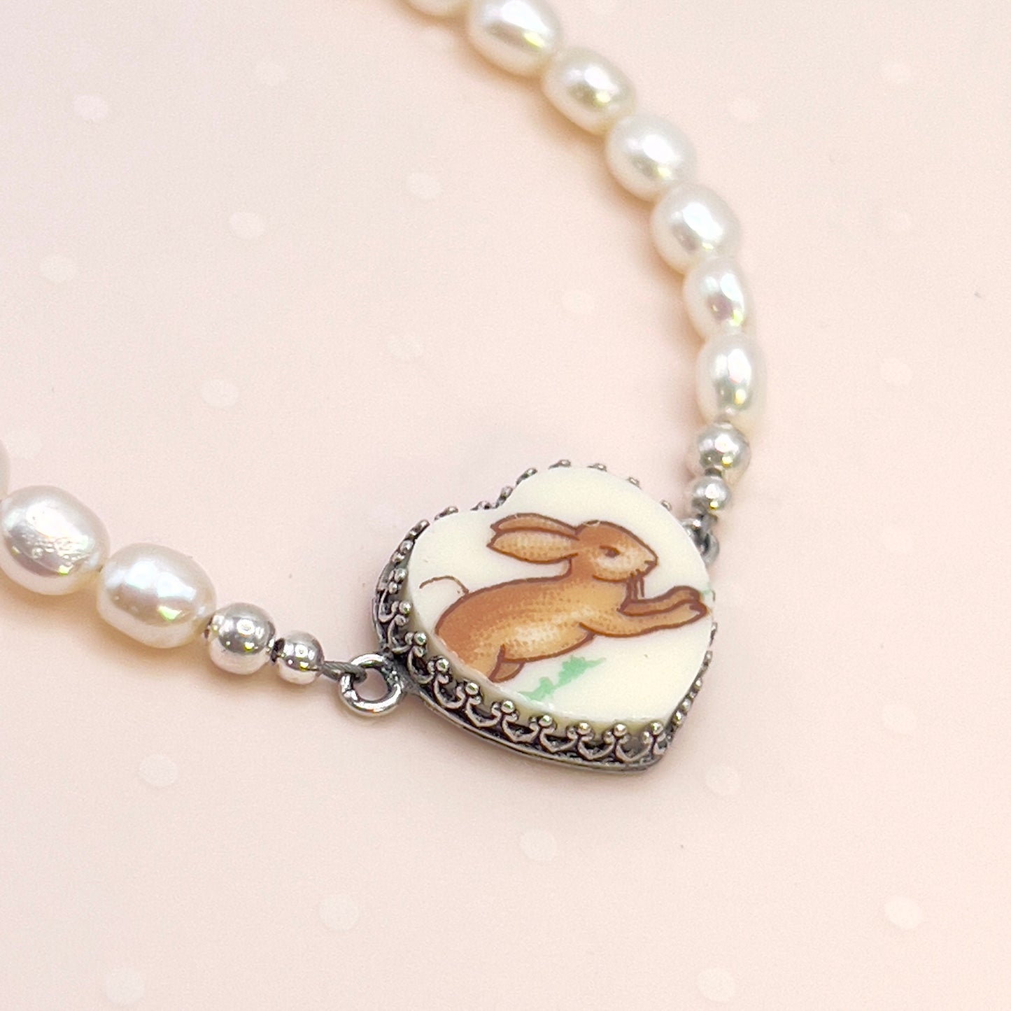 Bunny Rabbit Jewelry, Pearl Bracelet, Bunnykins Broken China Jewelry, Unique Gifts for Women