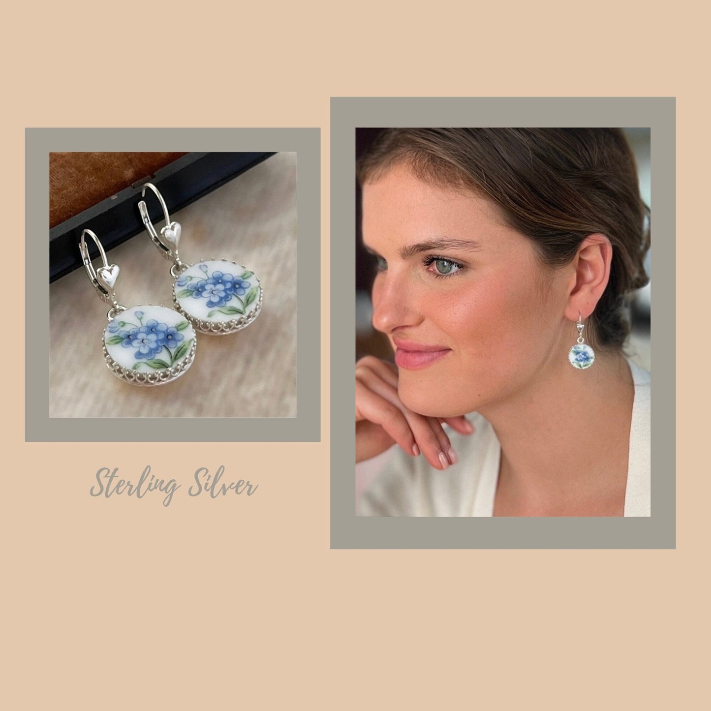 Forget Me Not Silver Heart Earrings, Romantic Love Flower Jewelry, Sterling Silver Broken China Jewelry, Unique 20th Anniversary Gift