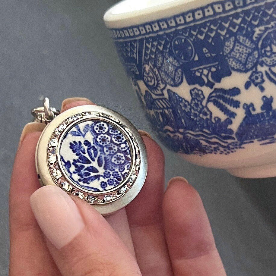 Blue Willow 9th or 20th Anniversary Gifts for Wife, Round Silver Photo Locket Necklace, Broken China Crystal Jewelry, Unique Gifts for Women