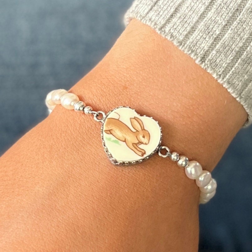Bunny Rabbit Jewelry, Pearl Bracelet, Bunnykins Broken China Jewelry, Unique Gifts for Women