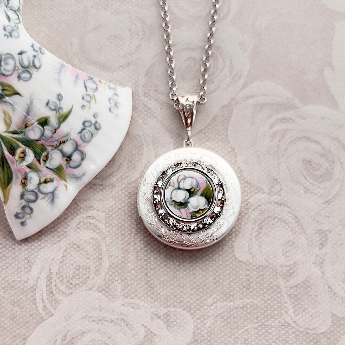 Lily of the Valley Photo Locket Necklace, Broken China Jewelry, Unique Romantic 20th Anniversary Gifts for Wife, Sentimental Gifts for Her