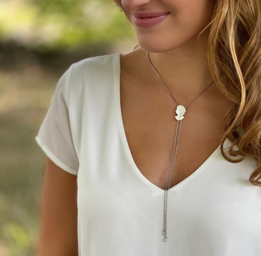 Italian Shell Cameo Necklace, Victorian Style Jewelry, Adjustable Gold Tone Long Bolo Necklace for Women, Unique Mothers Day Gift for Mom