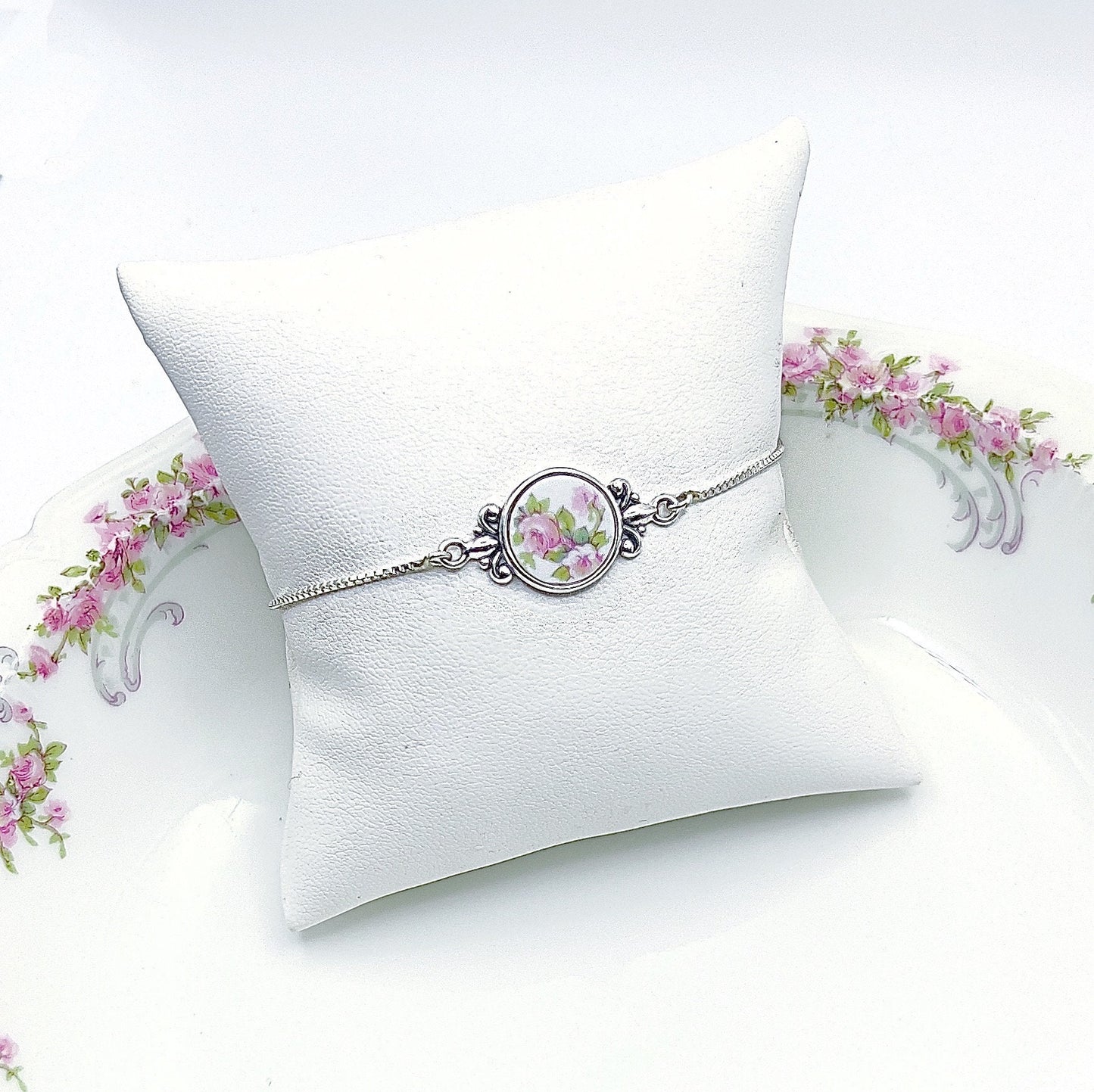 Dainty Pink Rose Bolo Bracelet, Adjustable Sterling Silver Bracelet, Broken China Jewelry, Limoges Porcelain Bracelet, Handmade Jewelry