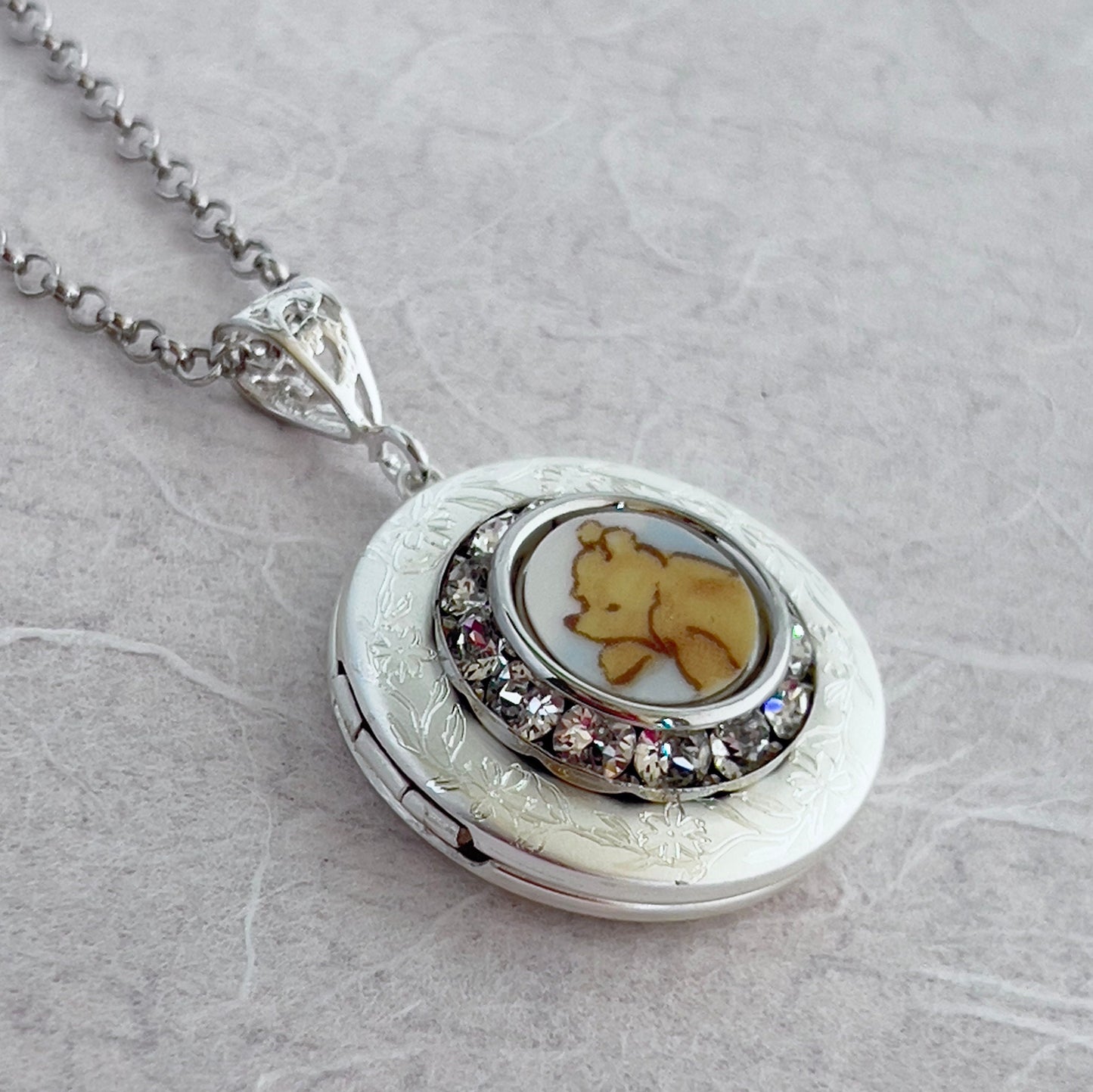 Winnie The Pooh Locket Necklace, Broken China Jewelry, Unique Gifts for Women, Pooh Bear Photo Locket, Gifts for Her