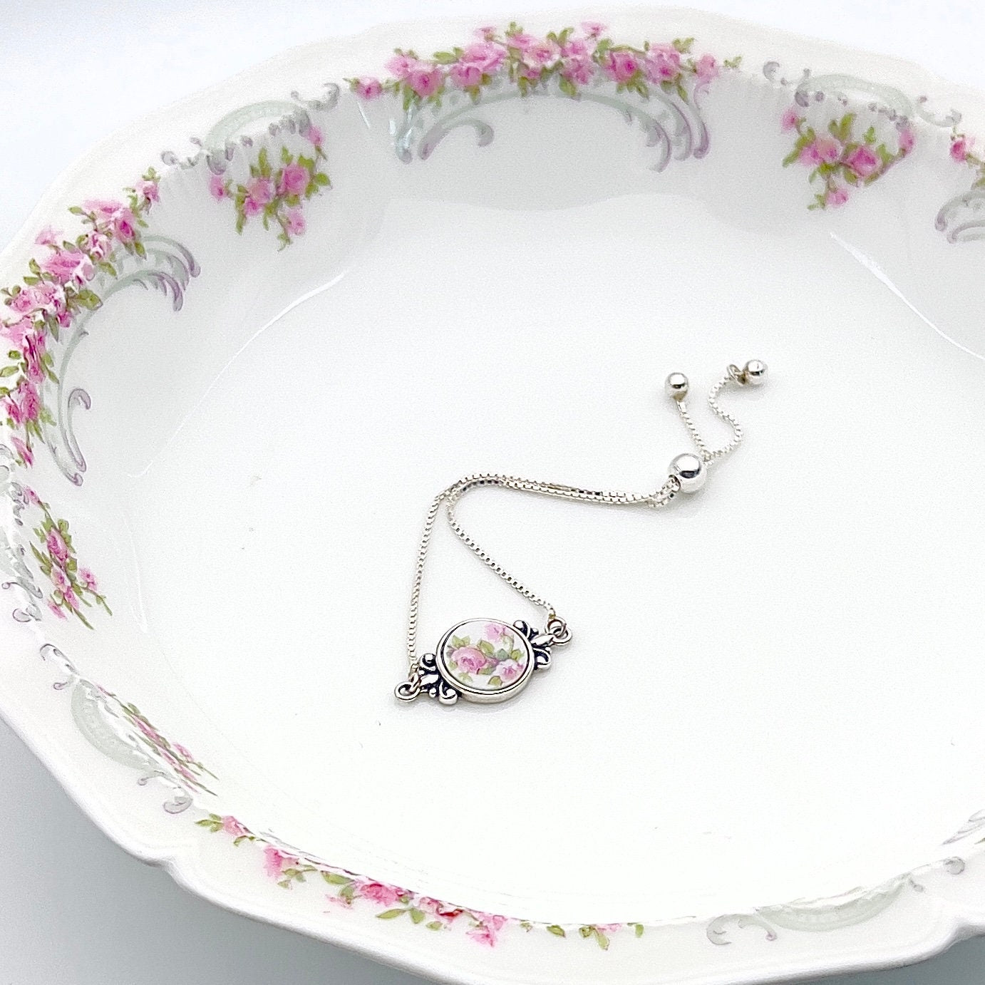 Dainty Pink Rose Bolo Bracelet, Adjustable Sterling Silver Bracelet, Broken China Jewelry, Limoges Porcelain Bracelet, Handmade Jewelry