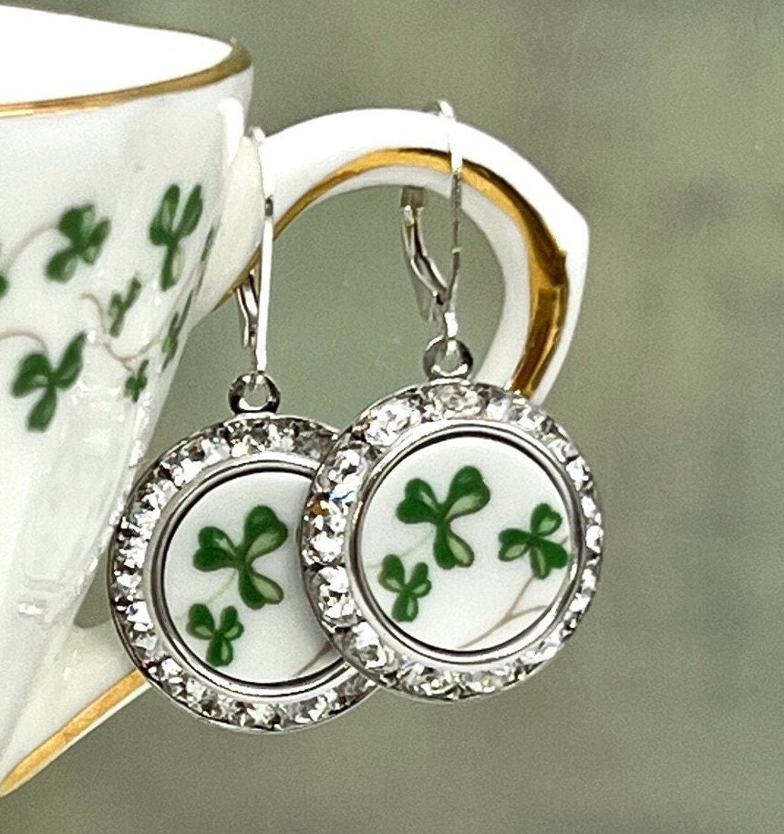 Irish Royal Tara China Crystal Earrings, Shamrock Broken China Jewelry, Celtic Jewelry Gifts for Women