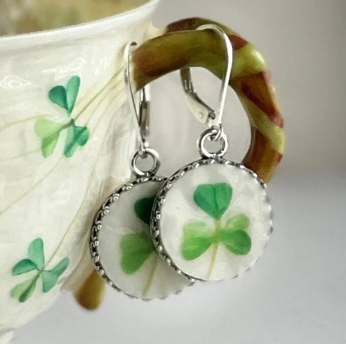 Celtic Earrings, Sterling Silver Dangle Earrings, Irish Belleek Broken China Jewelry, 20th Anniversary Gift for Wife