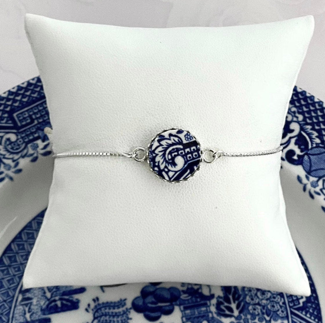 Blue Willow Bolo Bracelet, Broken China Jewelry, 9th Anniversary Gifts, Wife, Sterling Silver