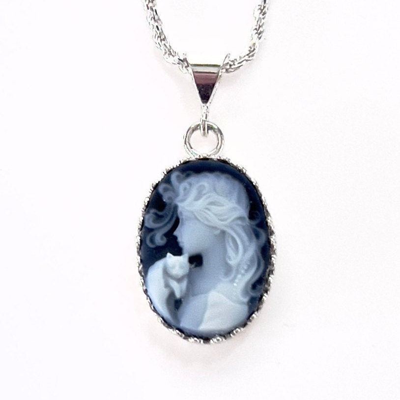 Blue Cat Cameo Necklace Gift for Her Anniversary Jewelry Silver Cameo Pendant Unique Gifts for Women