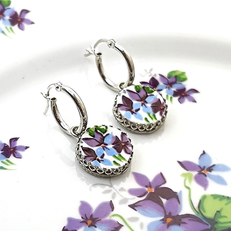 Unique 18th Wedding Anniversary Porcelain Gifts for Wife, Purple Violets, Hoop Earrings, Broken China Jewelry