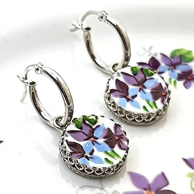Unique 18th Wedding Anniversary Porcelain Gifts for Wife, Purple Violets, Hoop Earrings, Broken China Jewelry