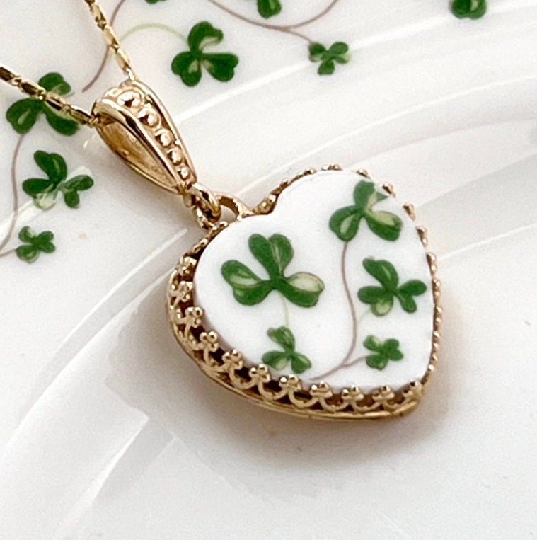 Adjustable 14k Gold Celtic Heart Necklace, Broken China Jewelry, Unique Irish 20th Anniversary Gift for Women, Royal Tara China Necklace