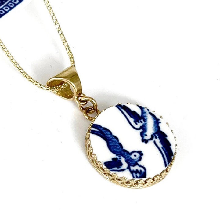14k Gold Love Birds China Necklace, Romantic 20th Wedding Anniversary Gift for Wife, Solid Gold, Vintage Blue Willow Broken China Jewelry