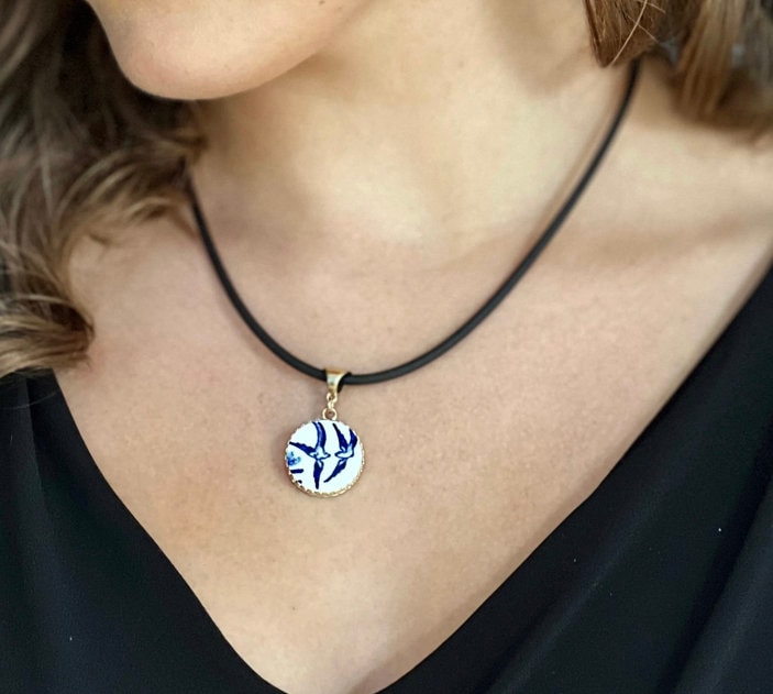 14k Gold Love Birds China Necklace, Vintage Blue Willow Ware Broken China Jewelry, Romantic 20th Wedding Anniversary Gift for Wife