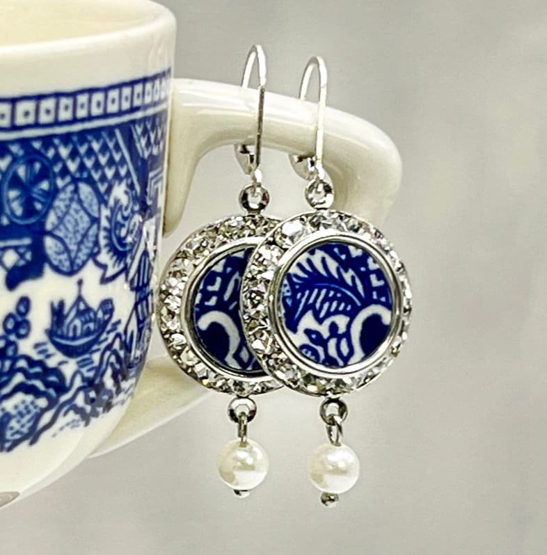 Vintage Blue Willow China Earrings, Crystal and Pearl 20th Anniversary Gift for Wife, Broken China Jewelry