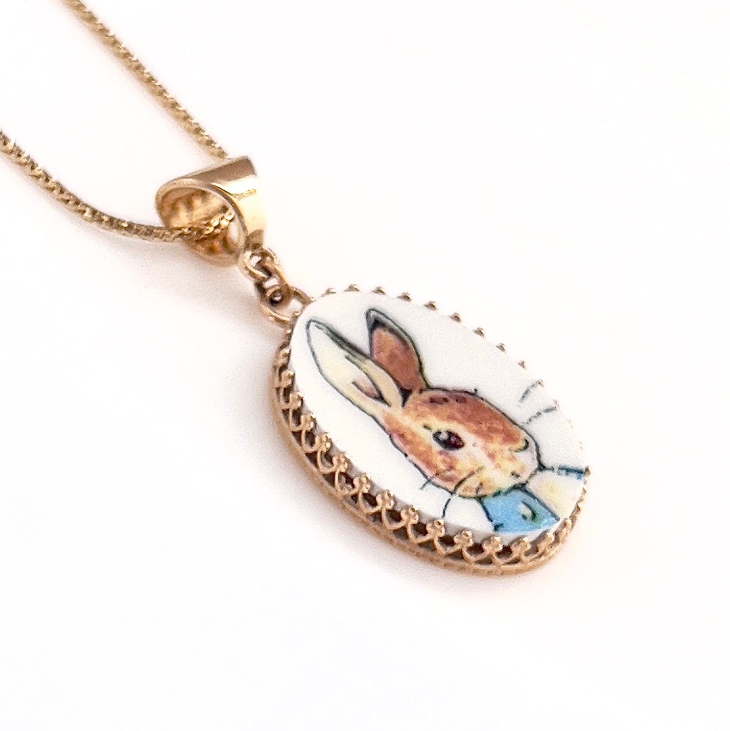 14k Solid Gold Peter Rabbit Pendant or Necklace, Beatrix Potter Broken China Jewelry, Artisan Jewelry Unique Birthday Gifts for Women