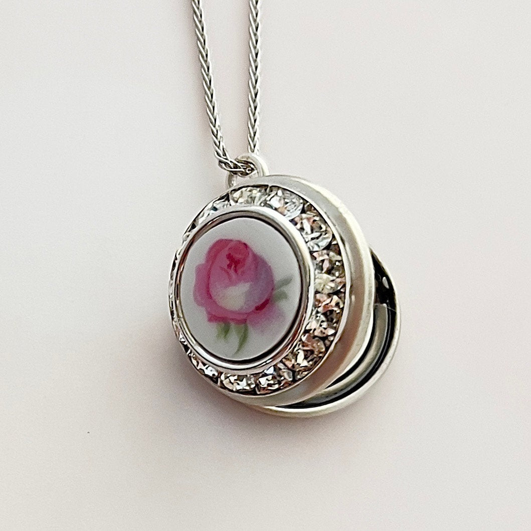 Adjustable Photo Locket Necklace, Romantic Pink Rose Necklace, Unique Gift for Girlfriend, Broken China Jewelry