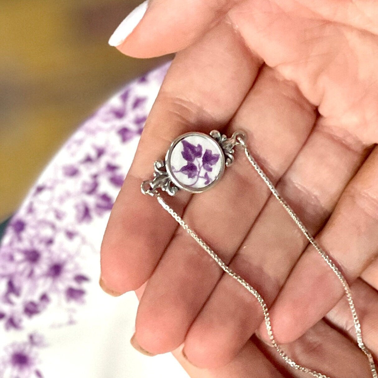 Sterling Silver 20th Anniversary Gifts for Wife, Vintage Shelley China Bolo Bracelet, Purple Broken China Victorian Jewelry, Adjustable