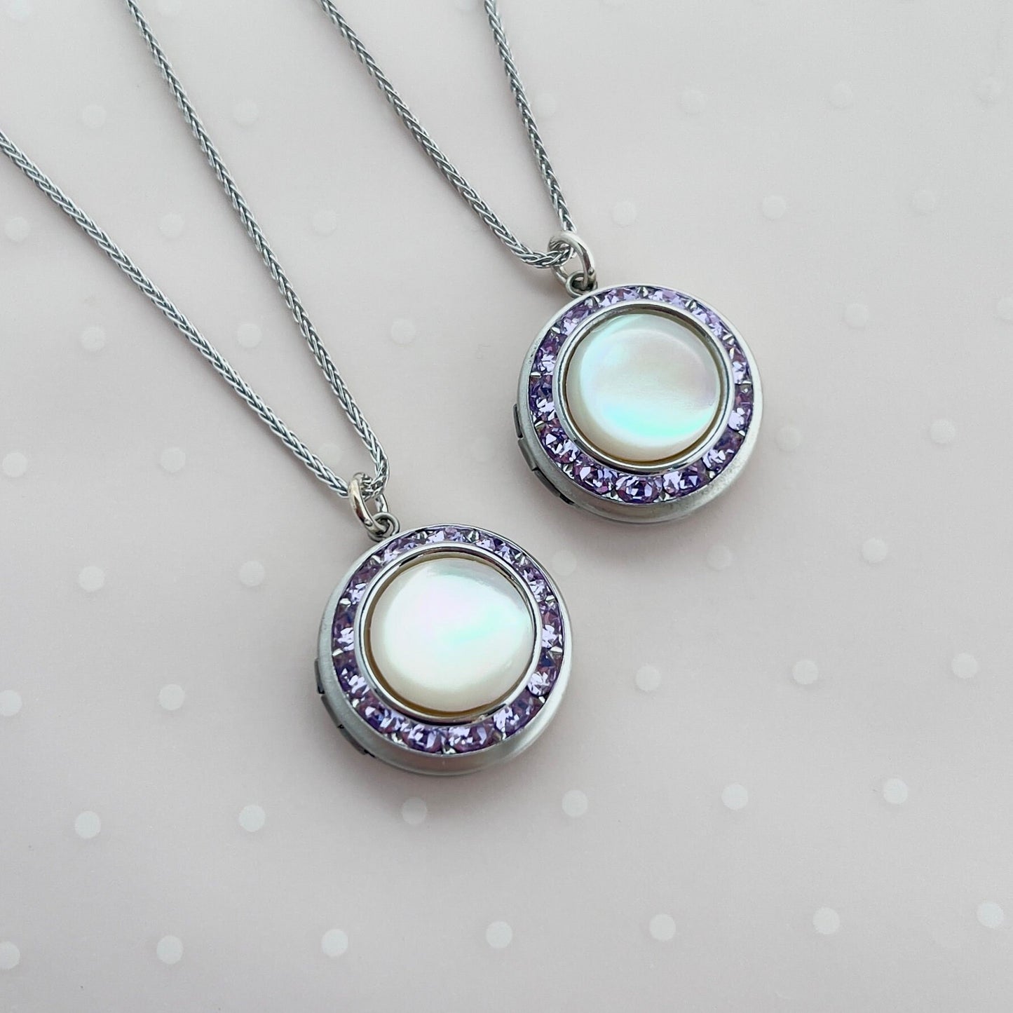 Unique Mother Daughter Locket Necklace Set, Photo Locket, Matching Necklaces, Purple Crystal Jewelry