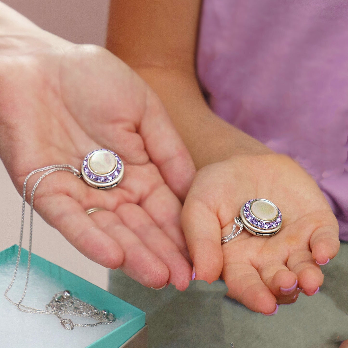 Unique Mother Daughter Locket Necklace Set, Photo Locket, Matching Necklaces, Purple Crystal Jewelry