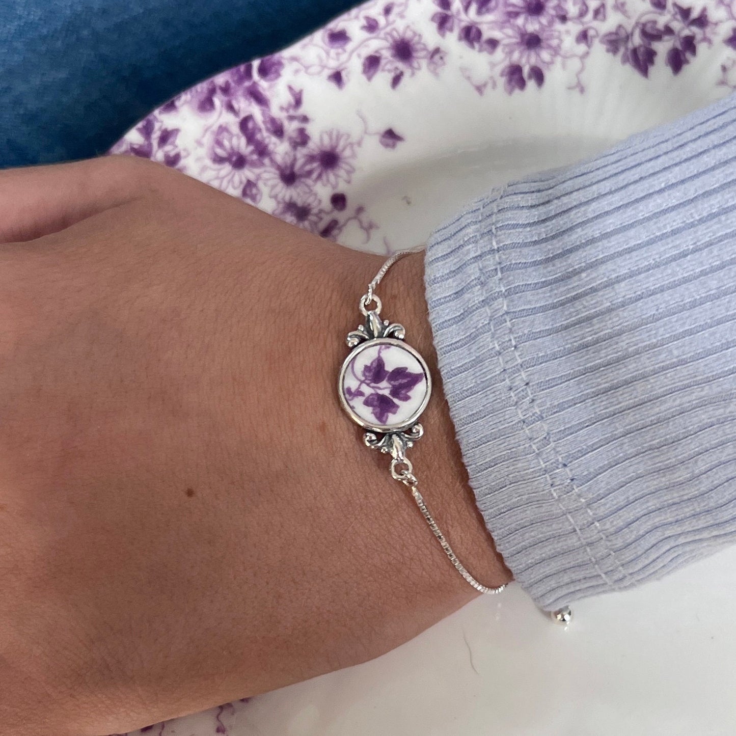 Sterling Silver 20th Anniversary Gifts for Wife, Vintage Shelley China Bolo Bracelet, Purple Broken China Victorian Jewelry, Adjustable