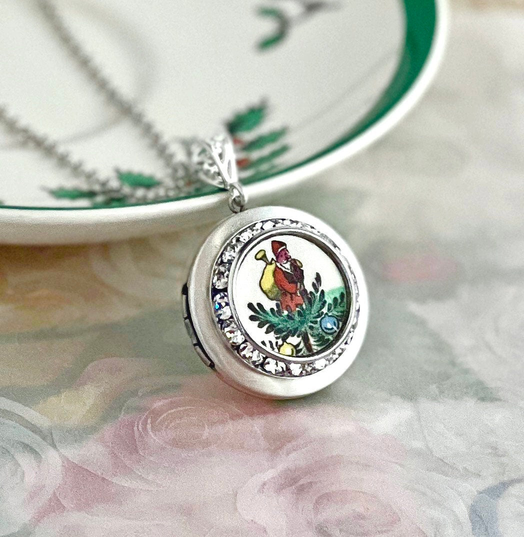 Santa Claus Photo Locket Necklace, Unique Christmas Gifts for Women, Broken China Jewelry, Spode