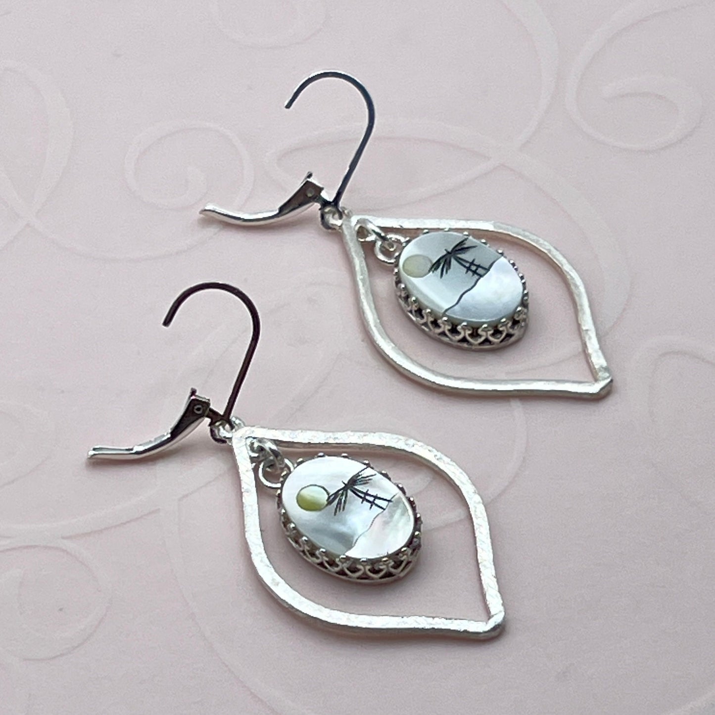Sterling Silver Palm Tree Earrings, Mother of Pearl Shell, Beach Wedding Jewelry, Unique Gifts for Women
