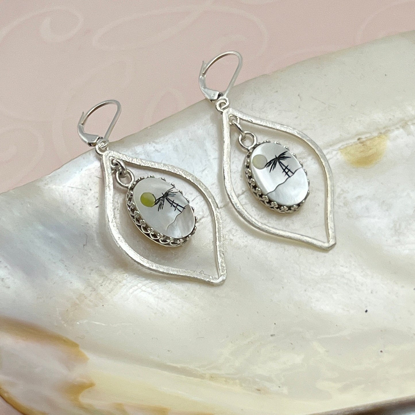 Sterling Silver Palm Tree Earrings, Mother of Pearl Shell, Beach Wedding Jewelry, Unique Gifts for Women