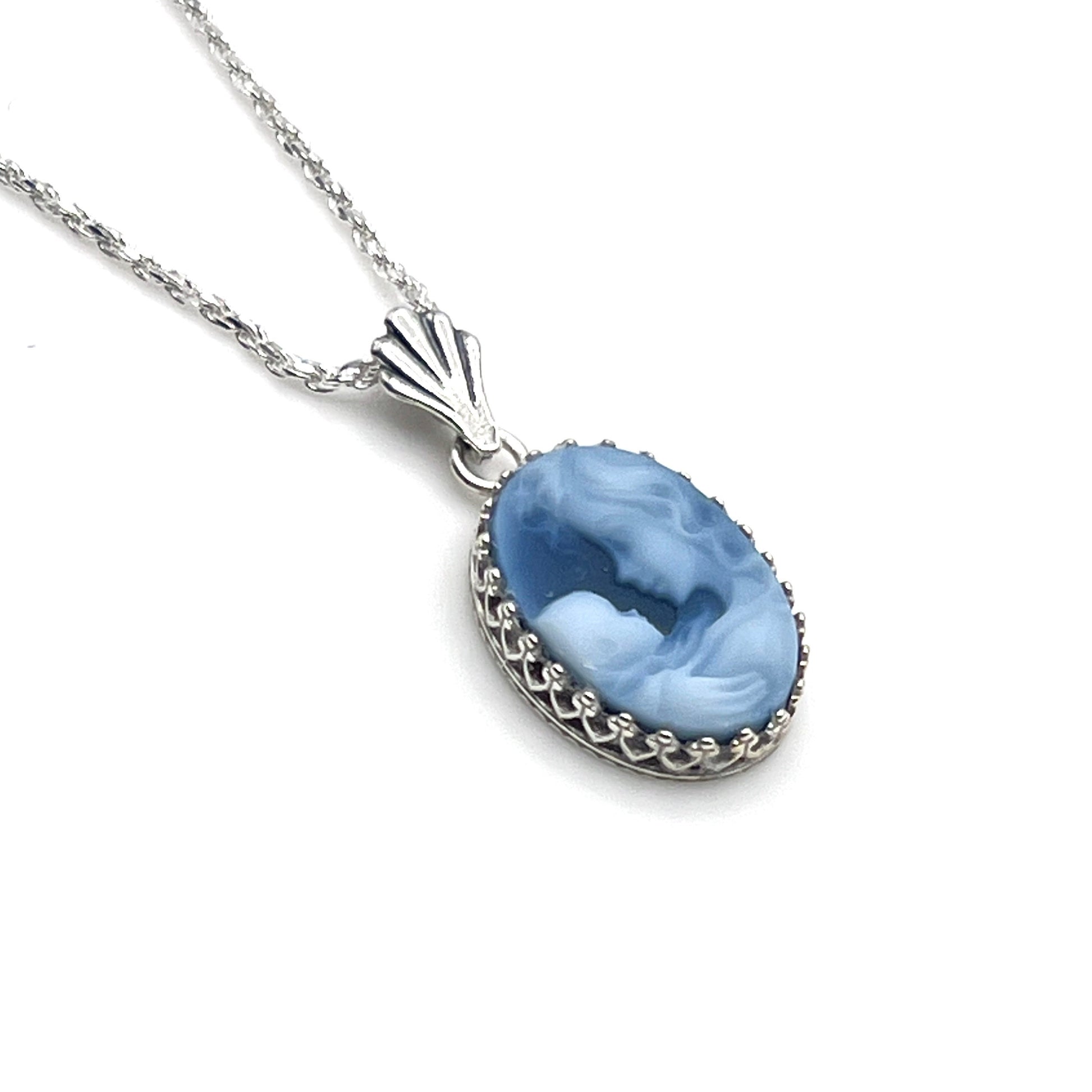Mother and Baby Cameo Necklace, Authentic Blue Cameo Jewelry, Mother and Child, Unique Gifts for Mom