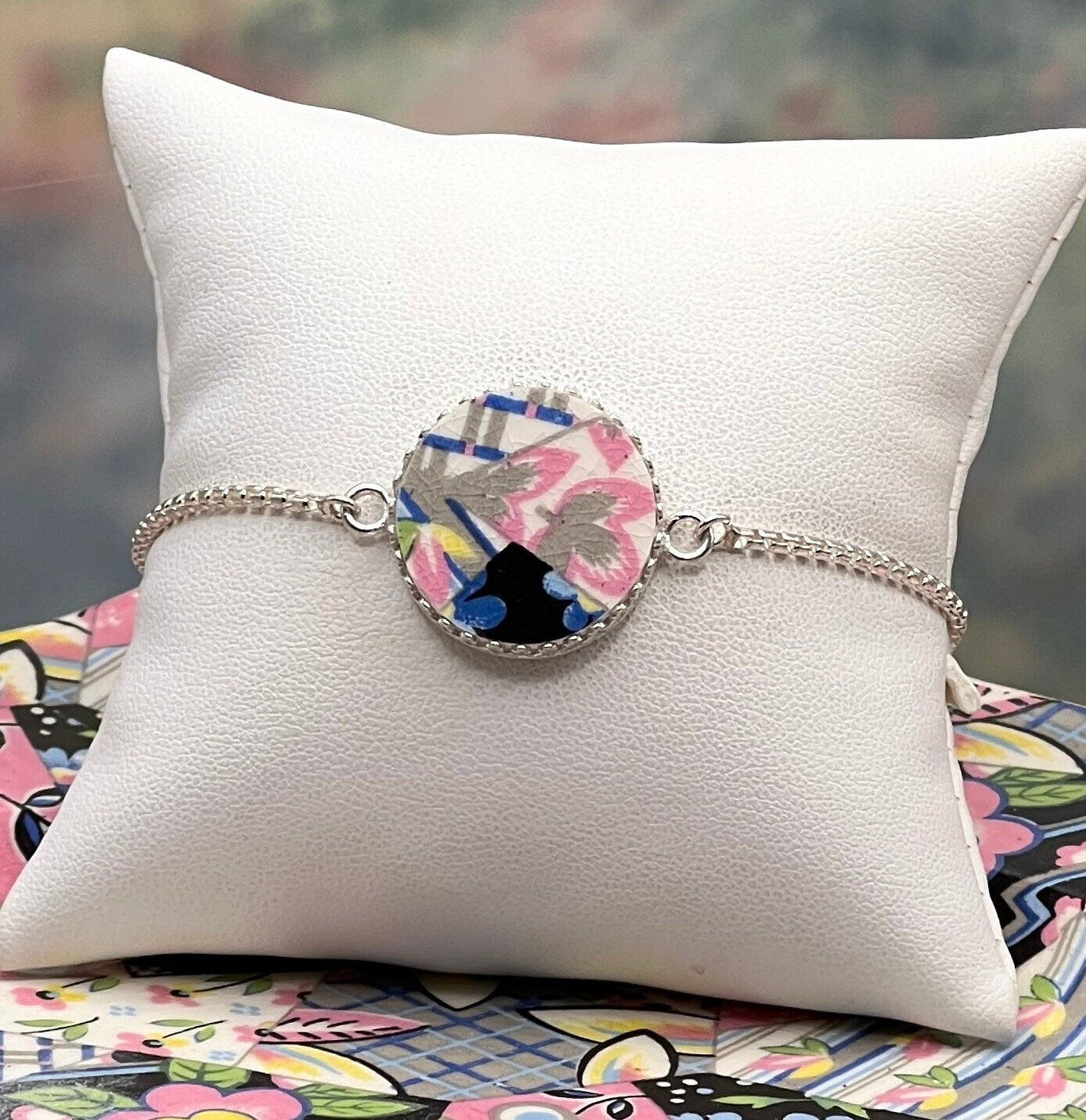 Vintage Quilt China Adjustable Bolo Bracelet, Sterling Silver, Unique 20th Anniversary Gifts for Women, Broken China Jewelry