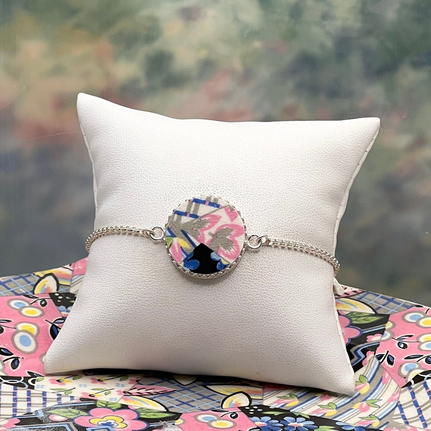 Vintage Quilt China Adjustable Bolo Bracelet, Sterling Silver, Unique 20th Anniversary Gifts for Women, Broken China Jewelry