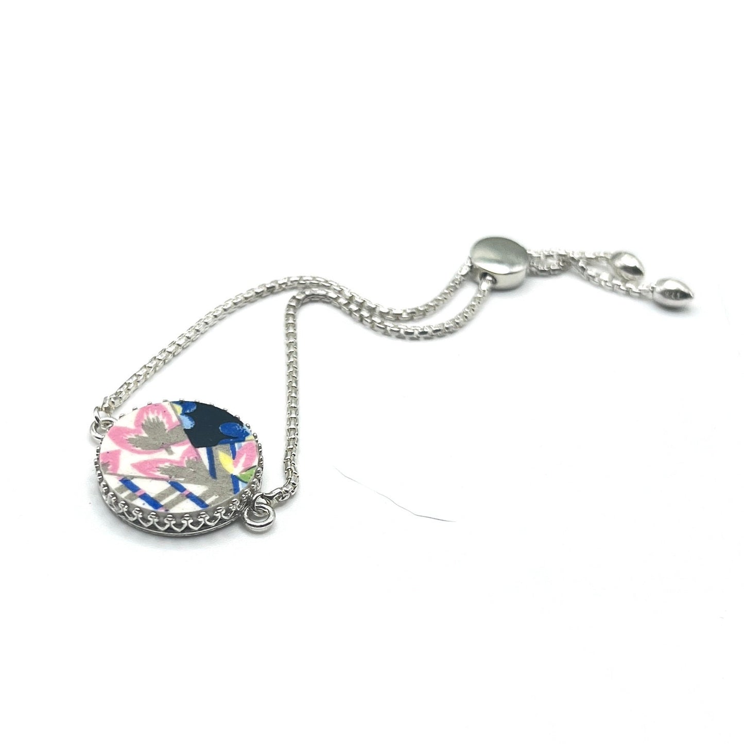 Vintage Quilt China Adjustable Bolo Bracelet, Sterling Silver, Unique 20th Anniversary Gifts for Women, Broken China Jewelry