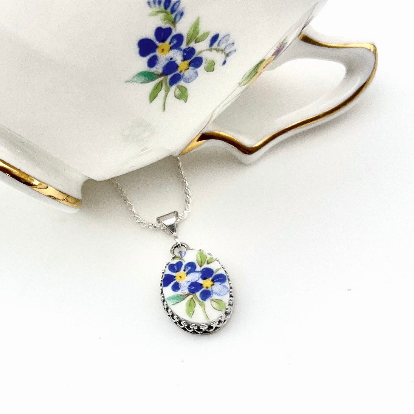 Forget Me Not Necklace, Broken China Jewelry, Handmade Jewelry, 20th Anniversary Gift for Wife, Unique Repurposed China Jewelry Gift