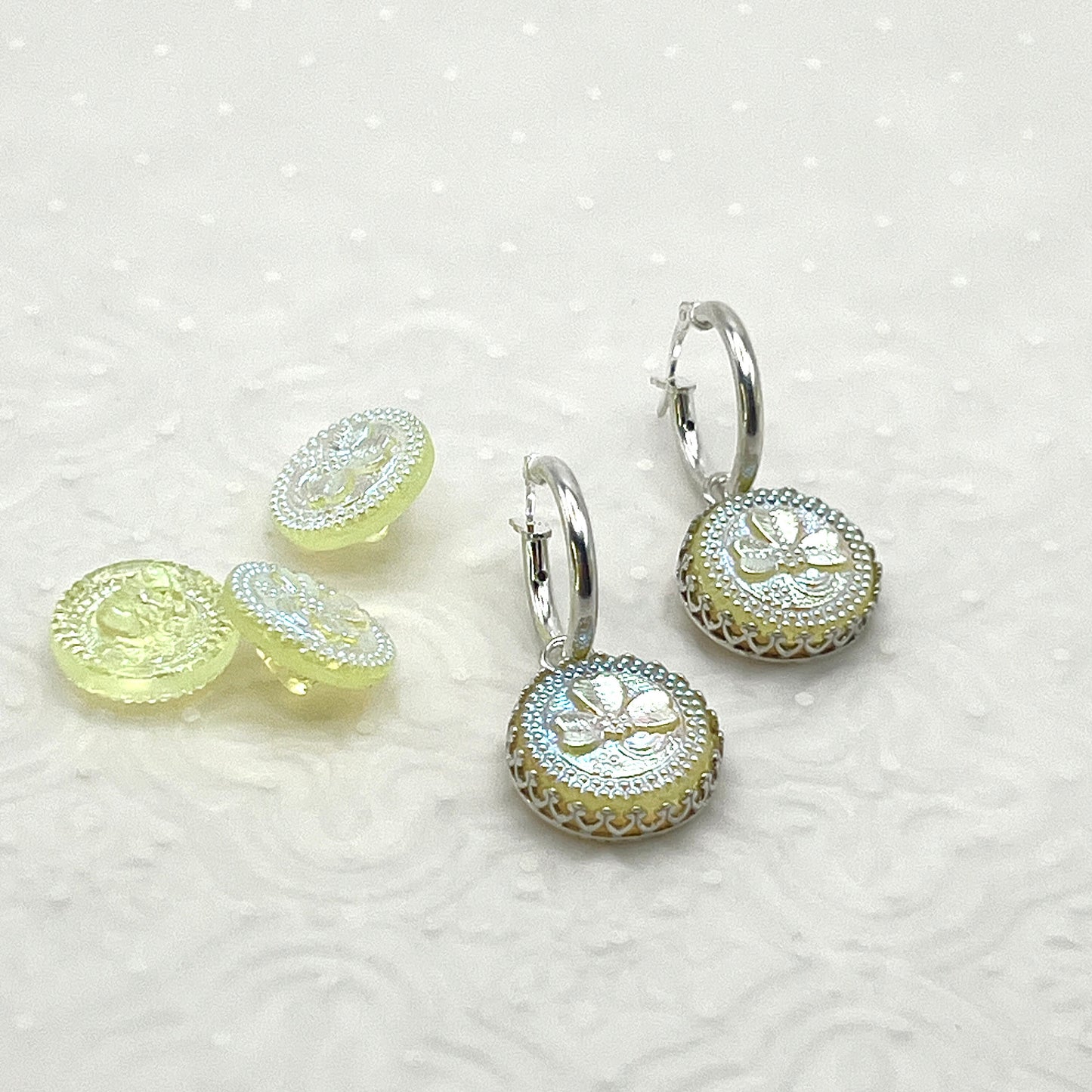 Sterling Silver Shamrock Hoop Earrings Glass Button Irish Jewelry