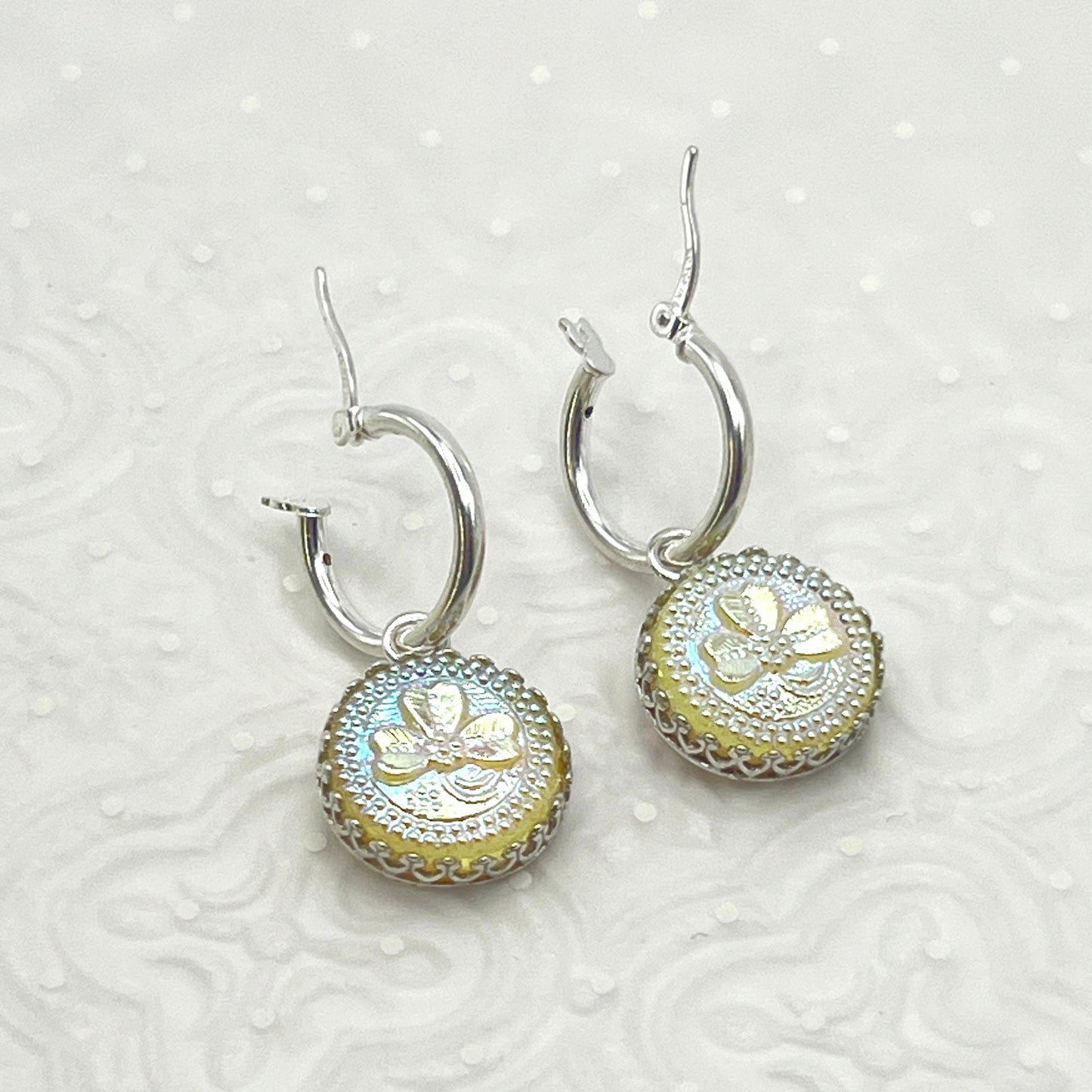 Sterling Silver Shamrock Hoop Earrings Glass Button Irish Jewelry