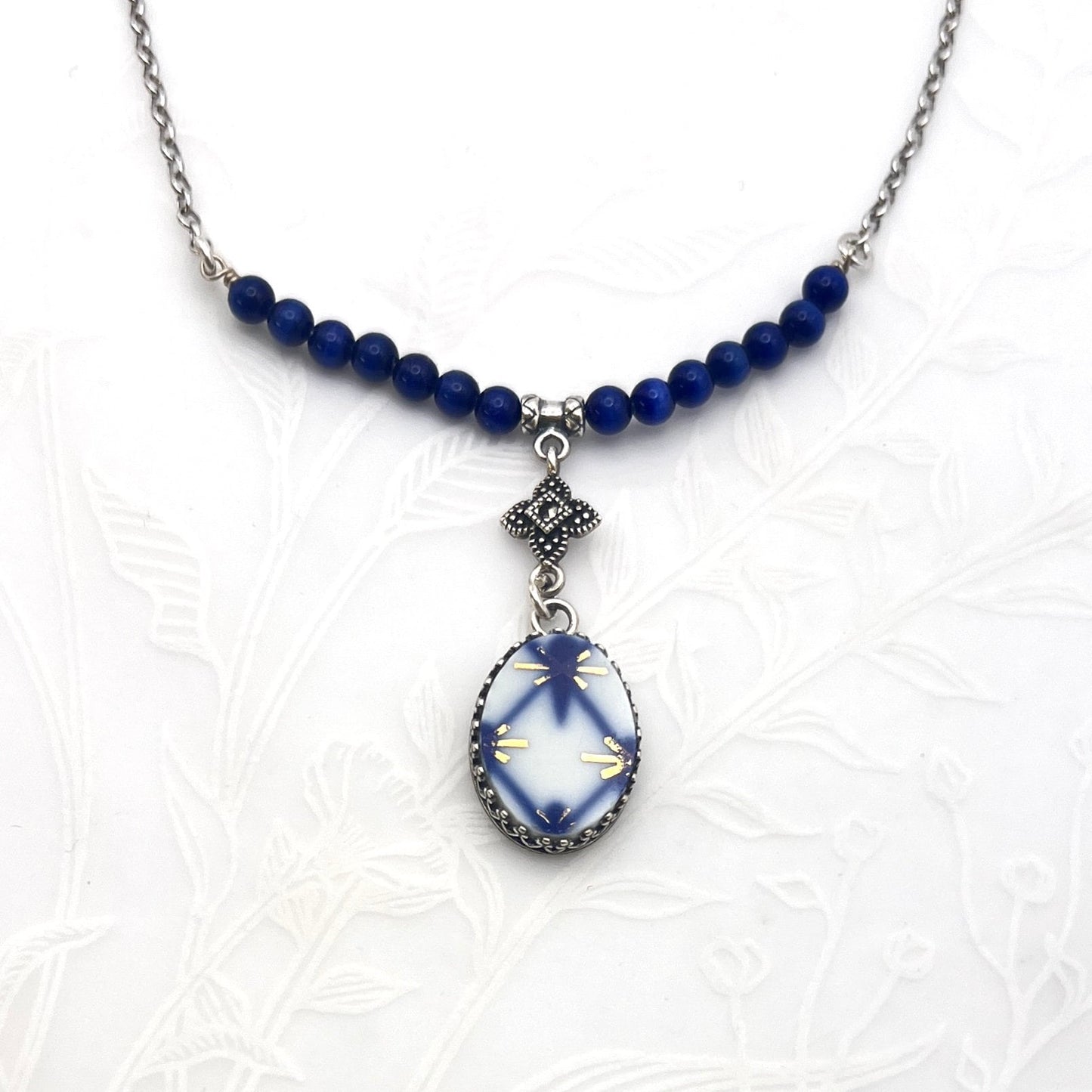 Lomonosov Porcelain Necklace, Handmade Artisan Jewelry, 18th and 20th Anniversary Gift for Wife, Broken China Jewelry, Cobalt Blue Necklace