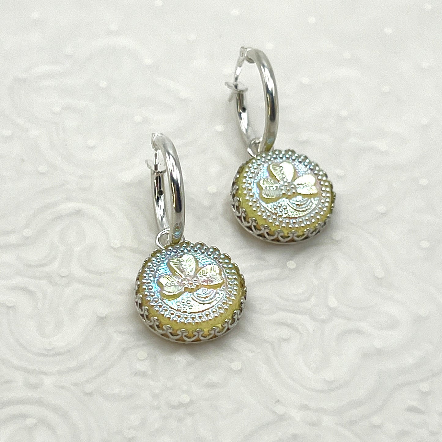 Sterling Silver Shamrock Hoop Earrings Glass Button Irish Jewelry