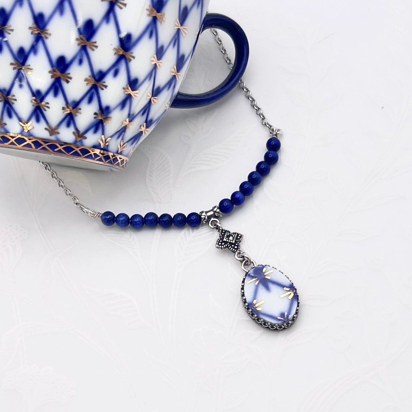 Lomonosov Porcelain Necklace, Handmade Artisan Jewelry, 18th and 20th Anniversary Gift for Wife, Broken China Jewelry, Cobalt Blue Necklace