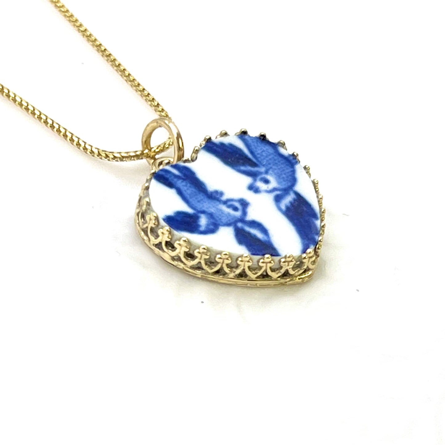 14k Solid Gold Love Birds Blue Willow Vintage China Heart Necklace