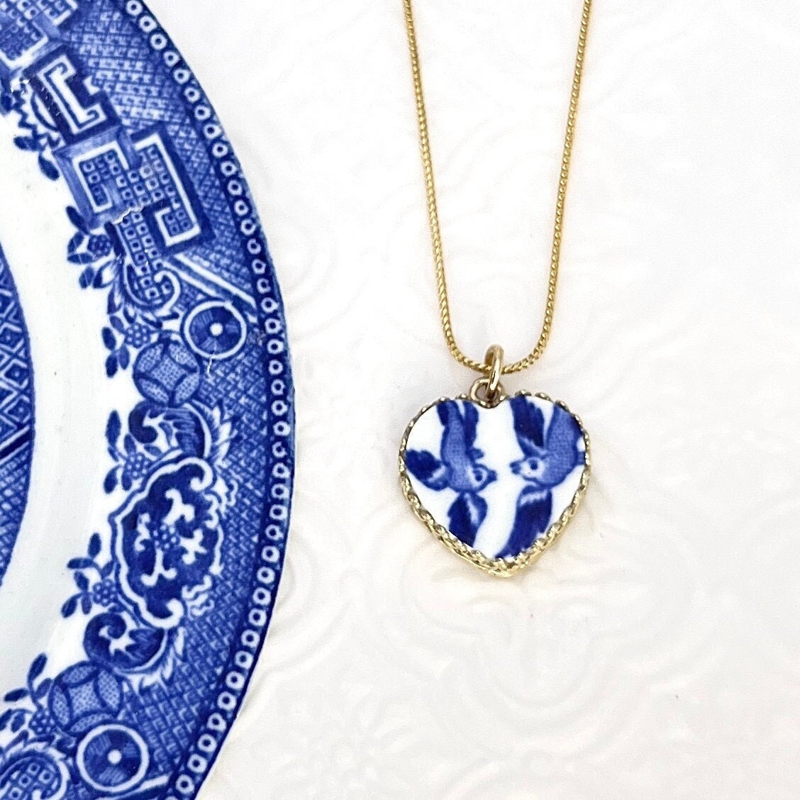 14k Solid Gold Love Birds Blue Willow Vintage China Heart Necklace