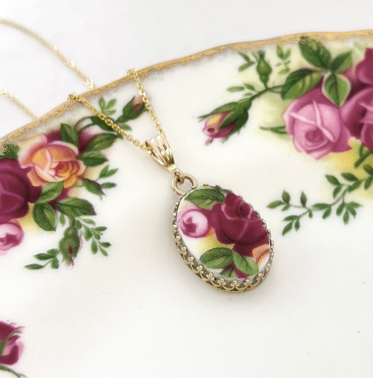14k Gold Pendant or Necklace, Old Country Roses Broken China Jewelry, 20th Anniversary Gift for Wife, Vintage Royal Albert China Gifts