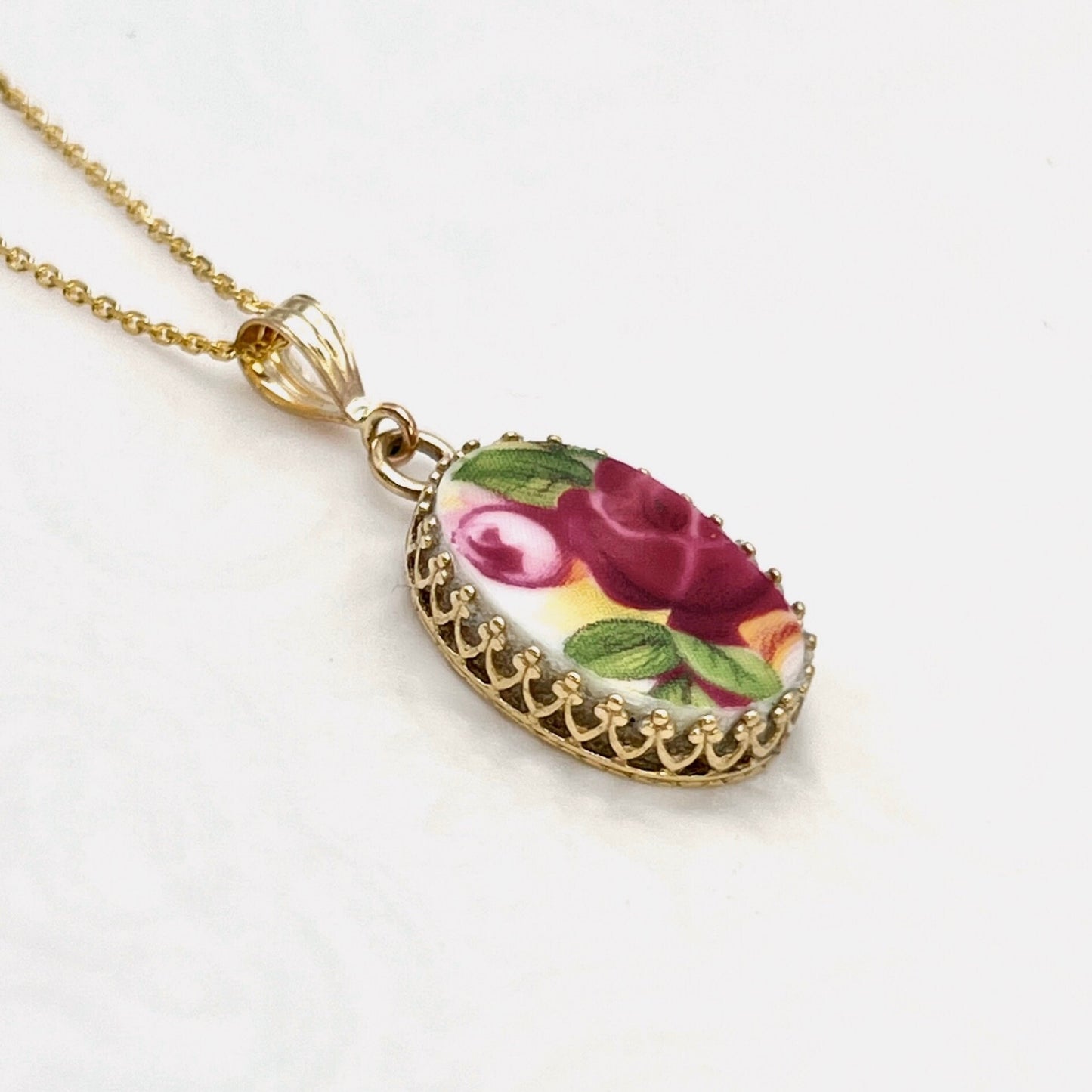 14k Gold Pendant or Necklace, Old Country Roses Broken China Jewelry, 20th Anniversary Gift for Wife, Vintage Royal Albert China Gifts