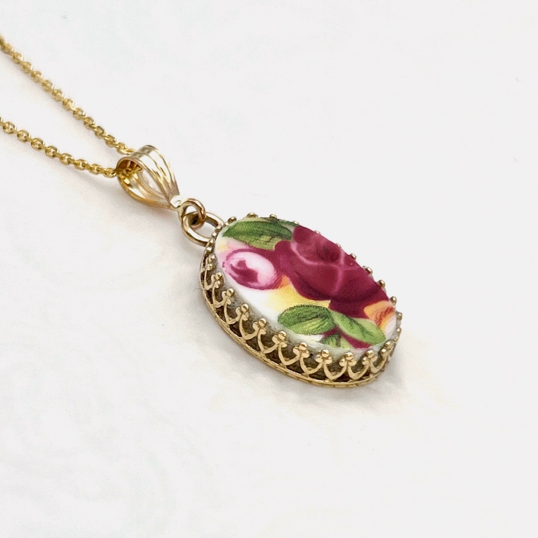14k Gold Pendant or Necklace, Old Country Roses Broken China Jewelry, 20th Anniversary Gift for Wife, Vintage Royal Albert China Gifts