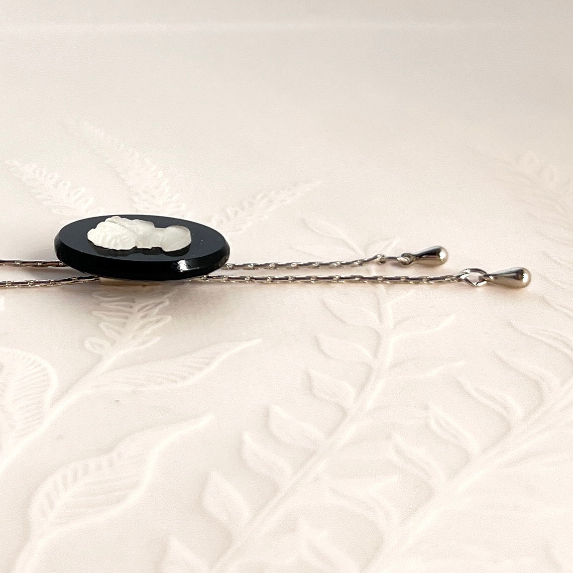 Vintage Black Glass Cameo Necklace, Adjustable Long Silver Necklace, Unique Gift for Her