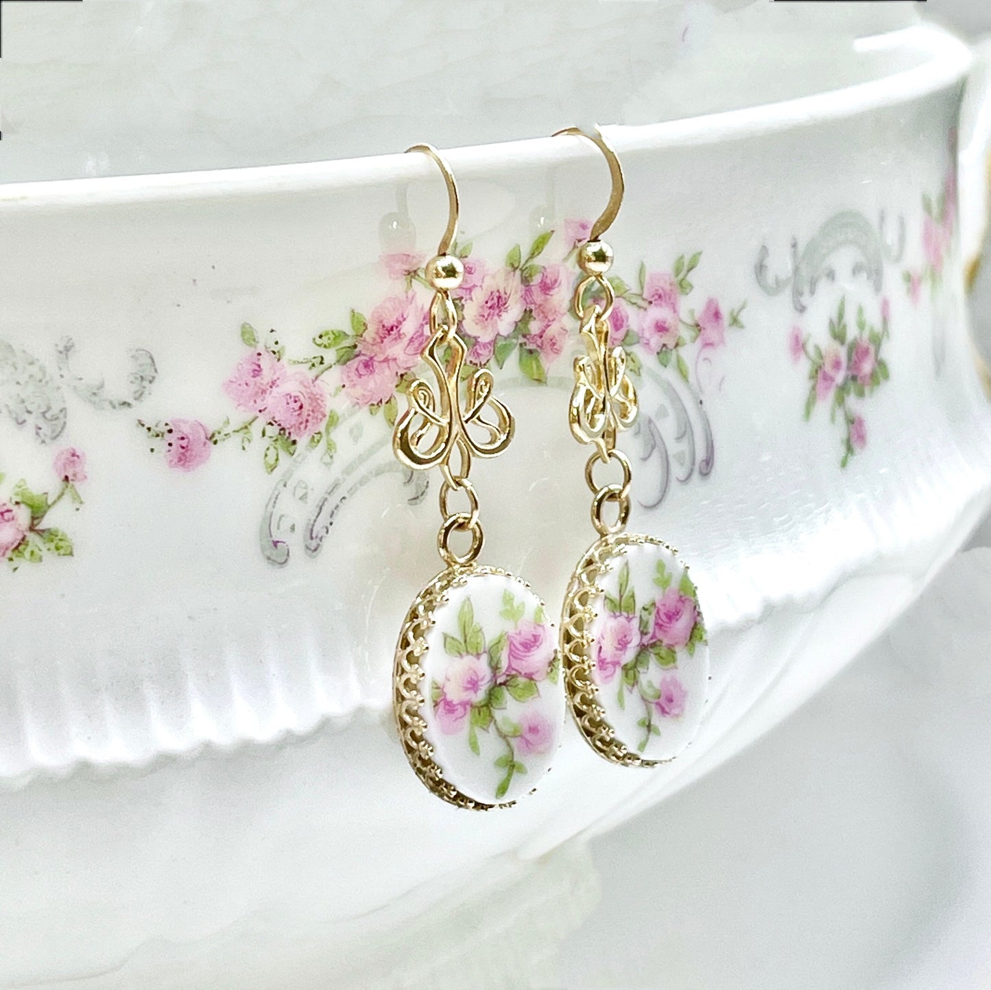 14k Solid Gold Victorian China and Pearl Necklace, Earrings or Set, 20th Anniversary Gift for Wife, Victorian Broken China Jewelry