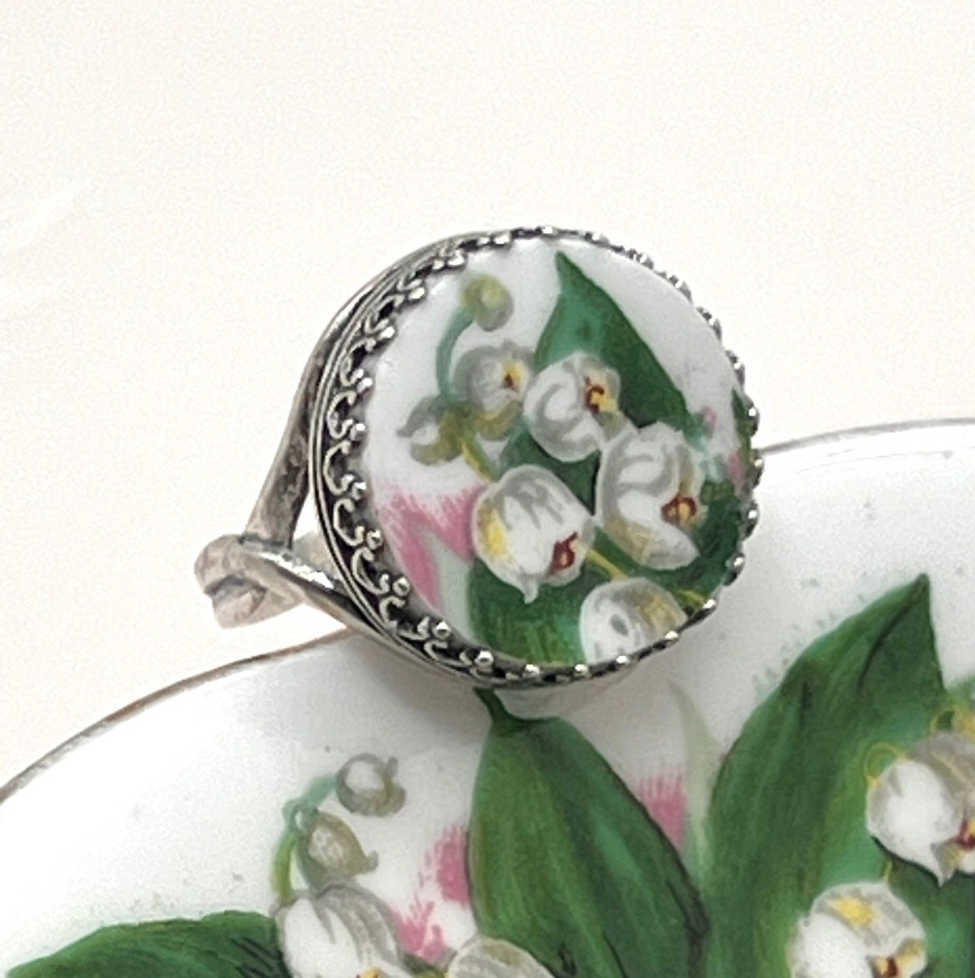 Victorian Lily of the Valley Ring, Sterling Silver Adjustable Broken China Jewelry, Unique Gifts for Mom