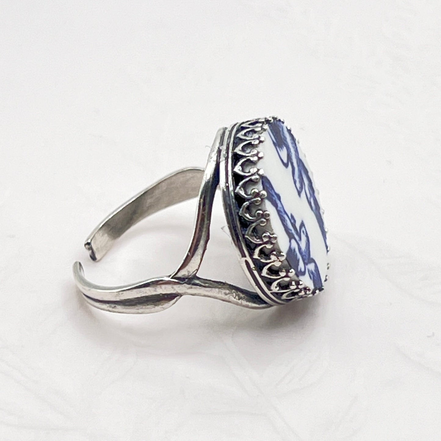 Blue Willow Love Birds, Silver Rings for Women, Broken China Jewelry, Romantic Anniversary Gift for Wife